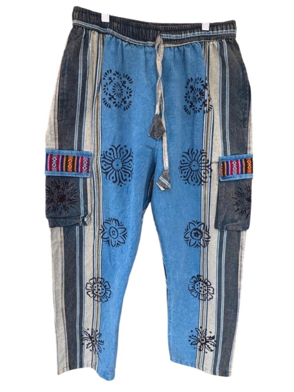 Rising International Women Medium Boho Patchwork Floral Cargo Pants Cotton Nepal